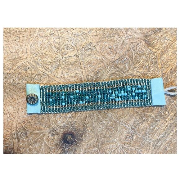 HANDMADE Boho Loom Cuff Bracelet with turquoise and teal beads - Picture 3 of 10